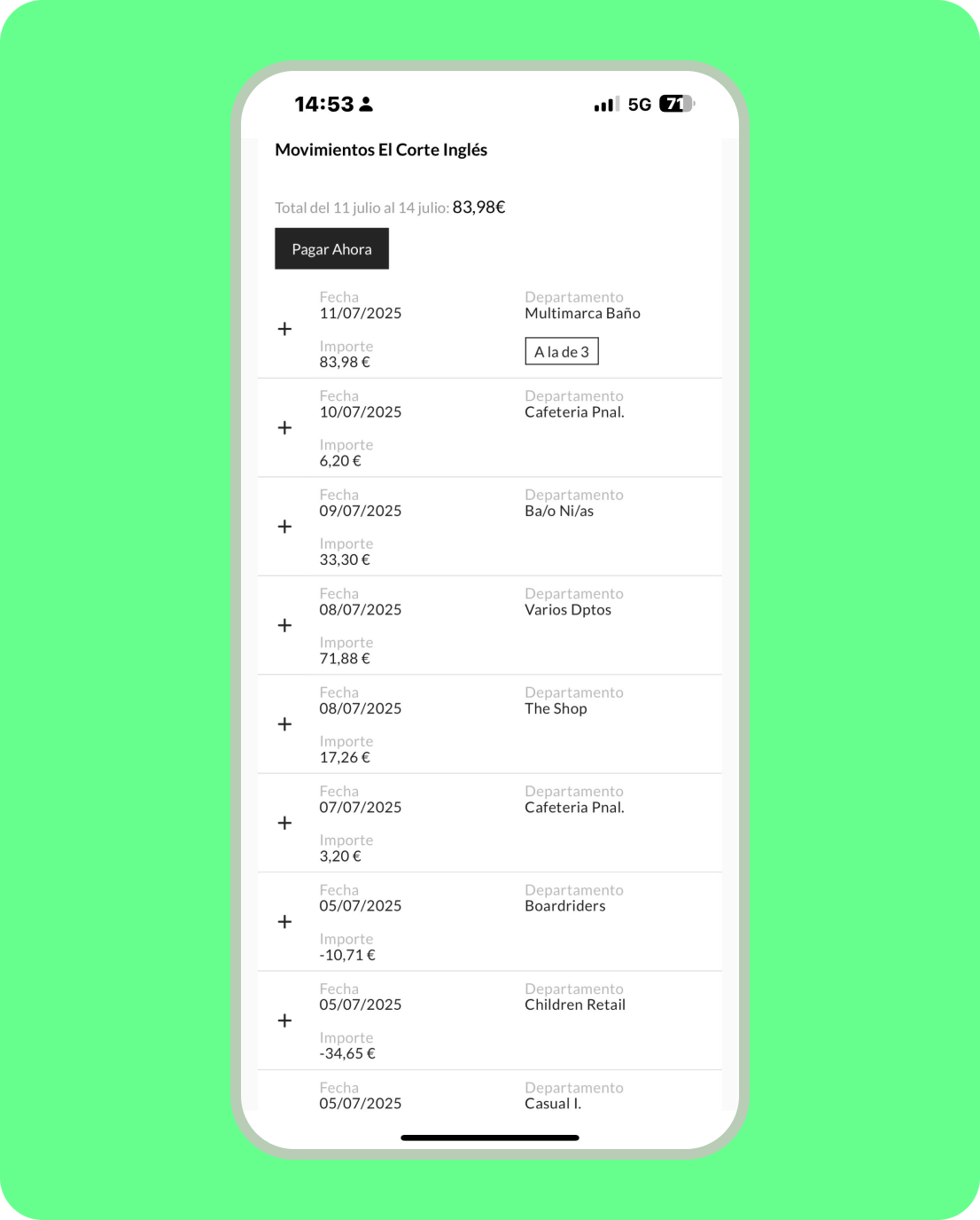 Pantallazo en un móvil de los movimientos de la Tarjeta desde la App