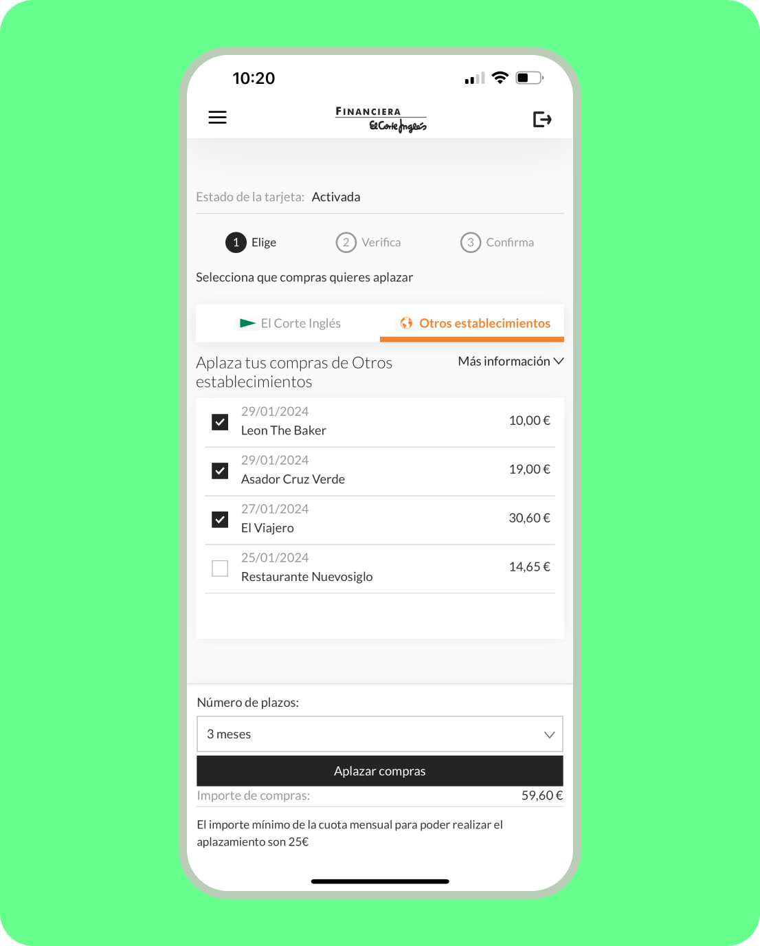 Pantallazo en un móvil de tus compras para que aplaces desde la App