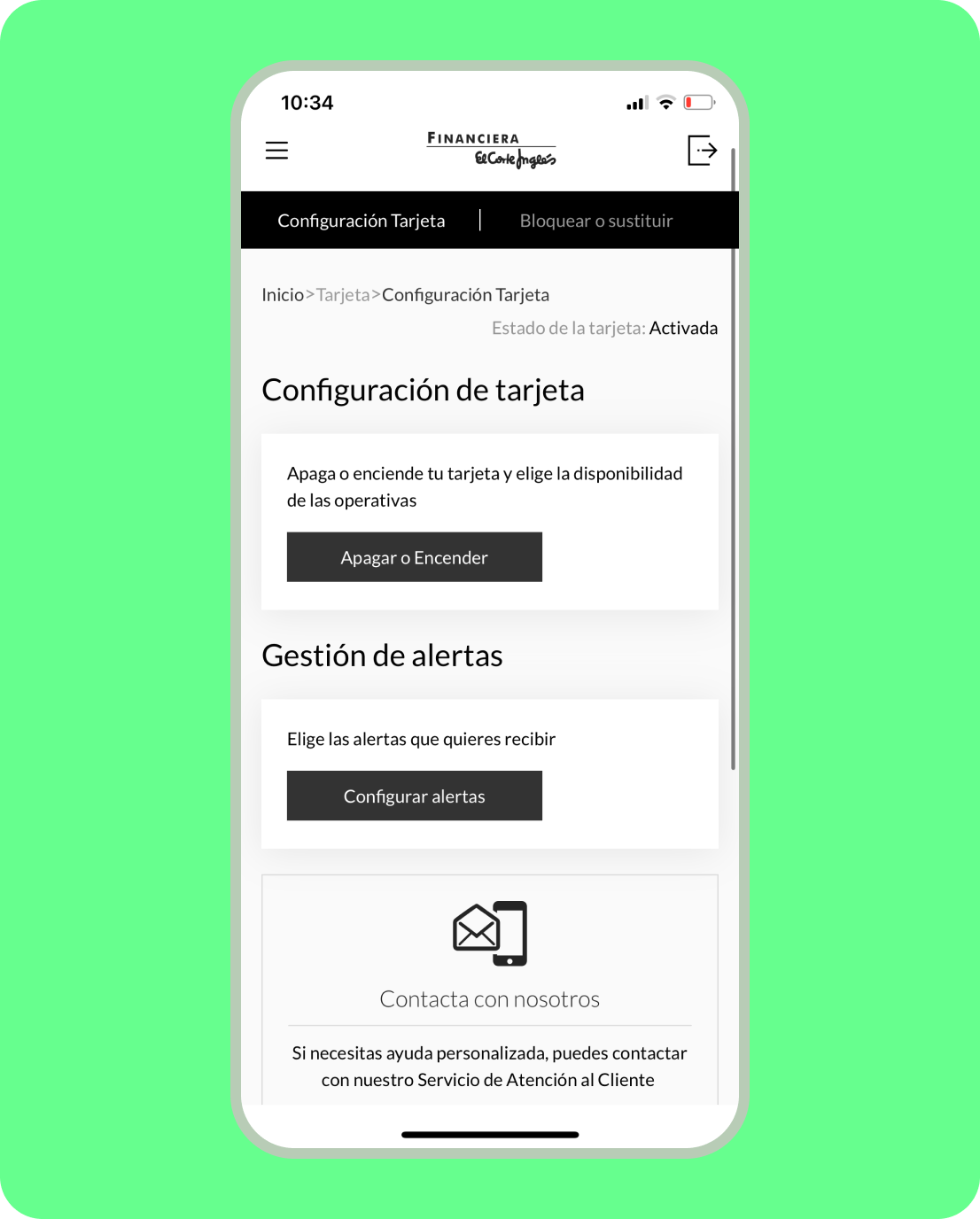 Pantallazo móvil de configuración de tarjeta  y gestión de alertas desde la App