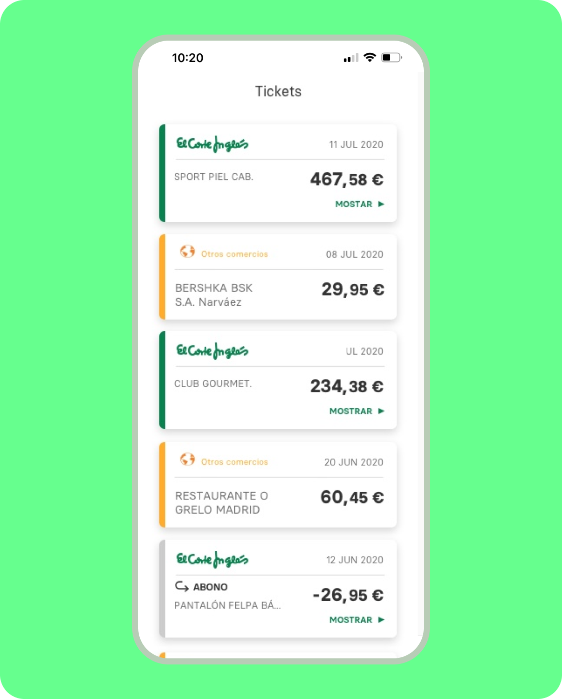 Pantallazo móvil de los tickets digitales de tus compras