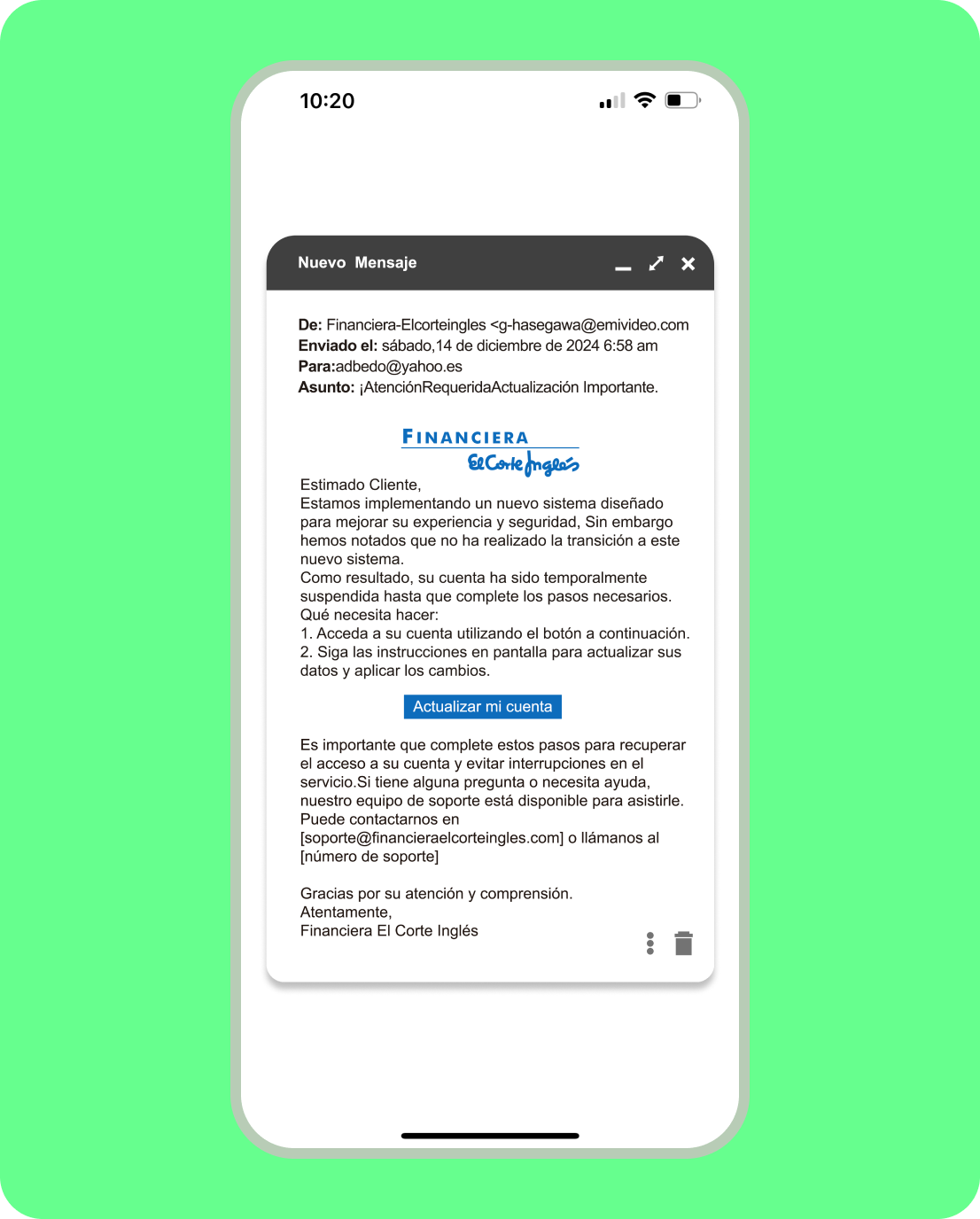 Pantalla móvil con un ejemplo de un ataque cibernético de phishing