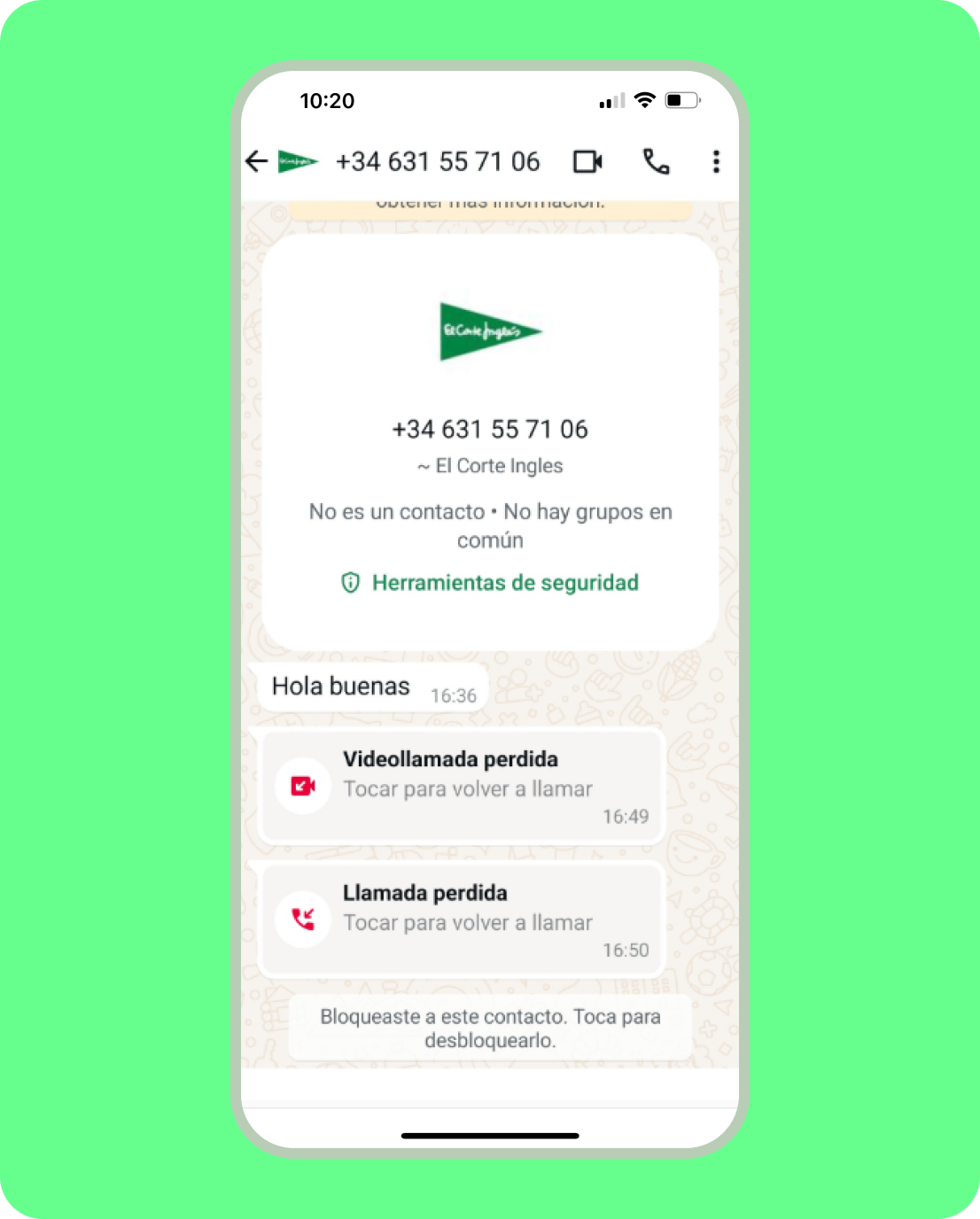 Pantalla móvil con un ejemplo de un ataque cibernético de vishing